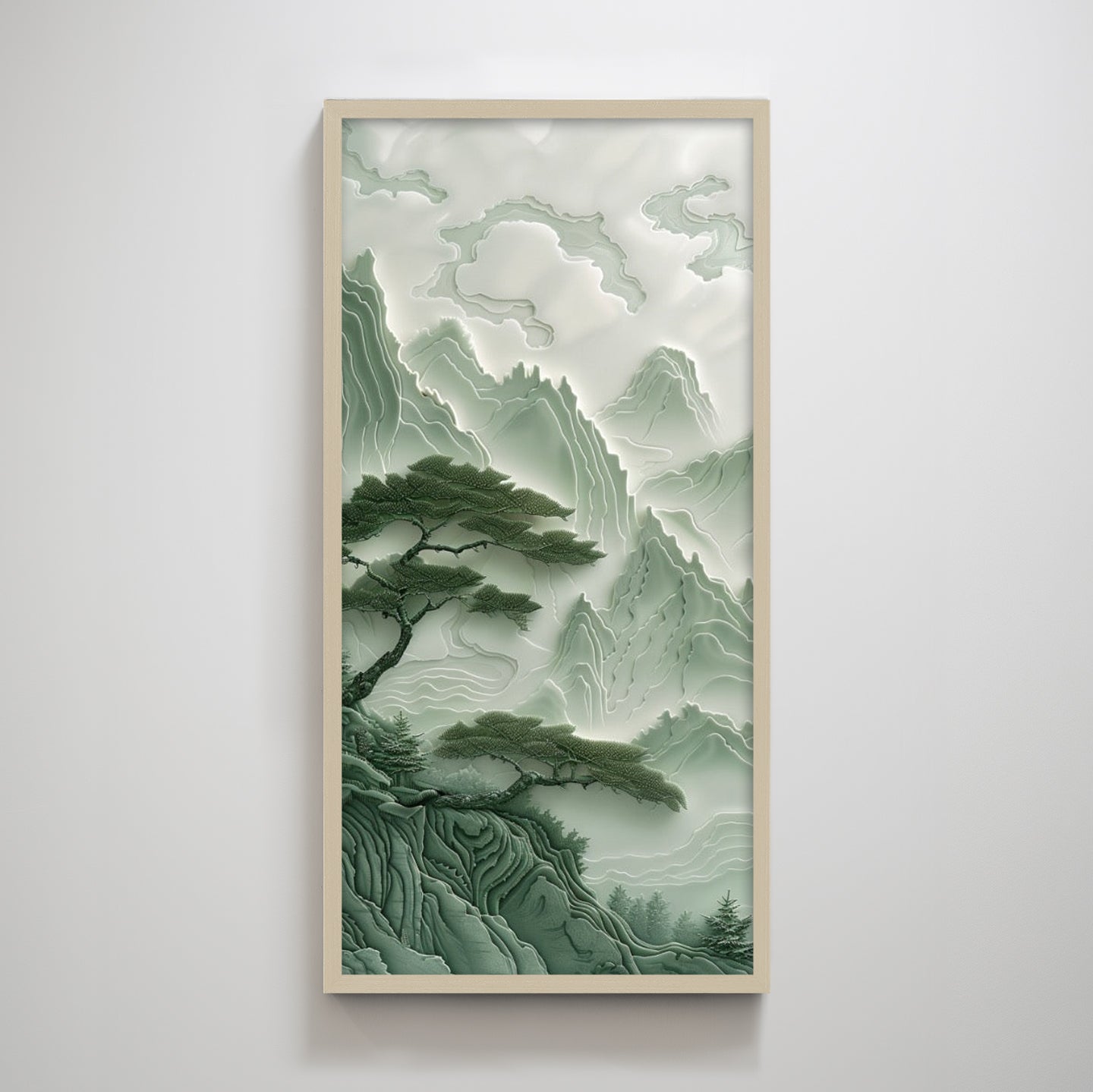 Tree Mountain Light Wood Framed Vertical Wall Art 18x36