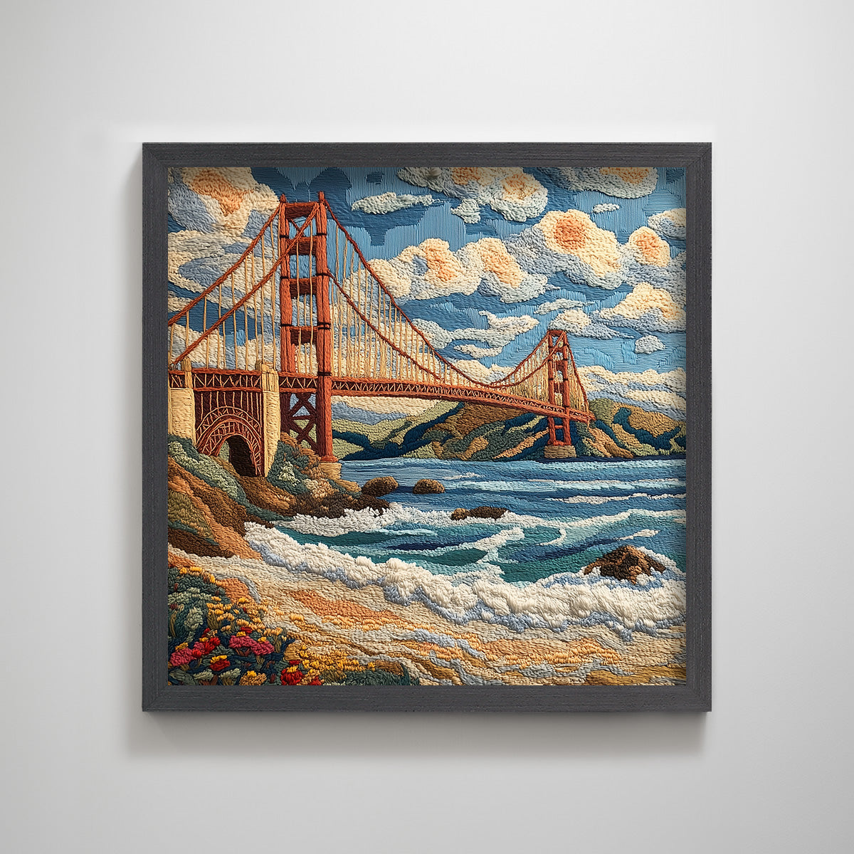San Francisco Golden Gate Bridge embroidery textured art print punch needle California wall decor