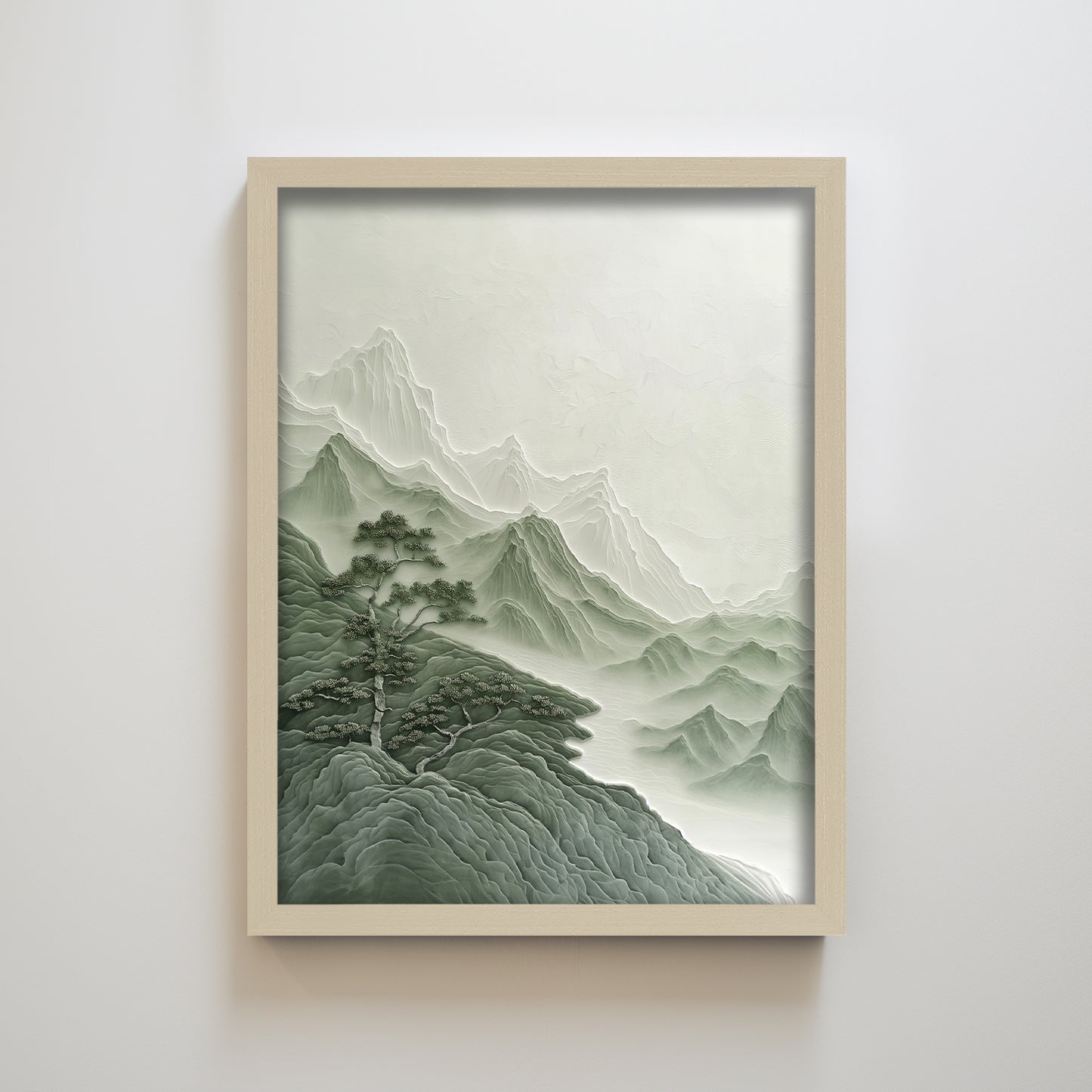 Wabi Sabi Zen Green Mountain Tree Landscape Minimalist Wall Art Decor for Living Room Japanese Style