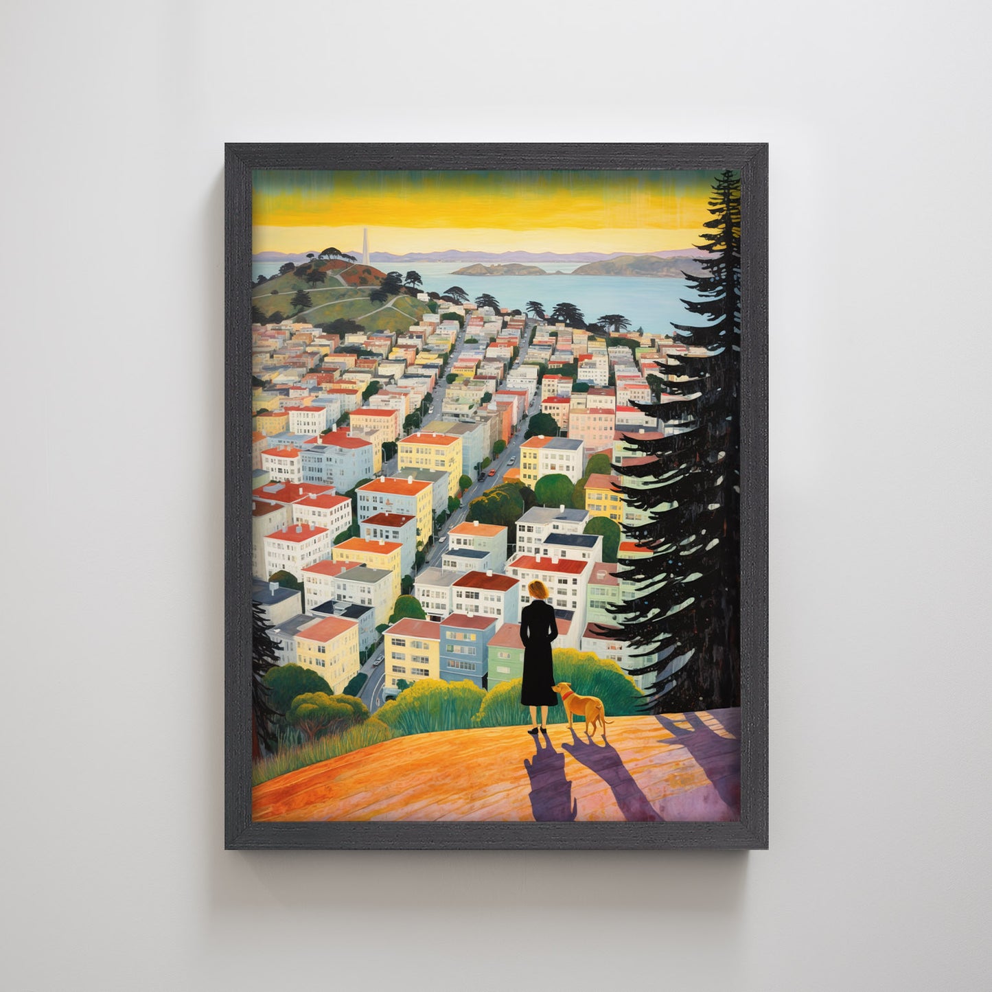 Textured Art Print Nob Hill San Francisco California City View Landscape Wall Decor Woman with her dog Sunny