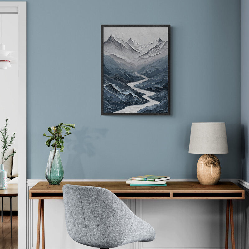 Original Framed Mountain Peak Painting Texture Print Wall Art Blue Mountain Peak Simple Contemporary Home Art Painting