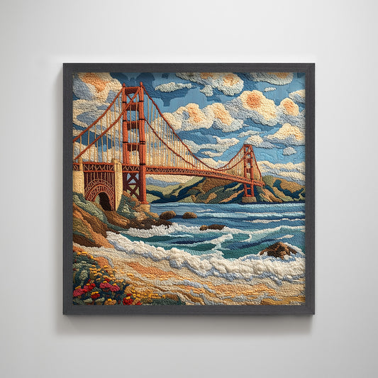 San Francisco Golden Gate Bridge embroidery textured art print punch needle California wall decor