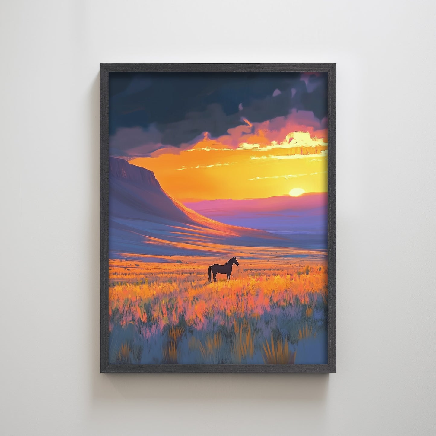 Sunset Farmland Horse Mountain Colorful Texture Art Print Modern Wall Art Decor for Living Room