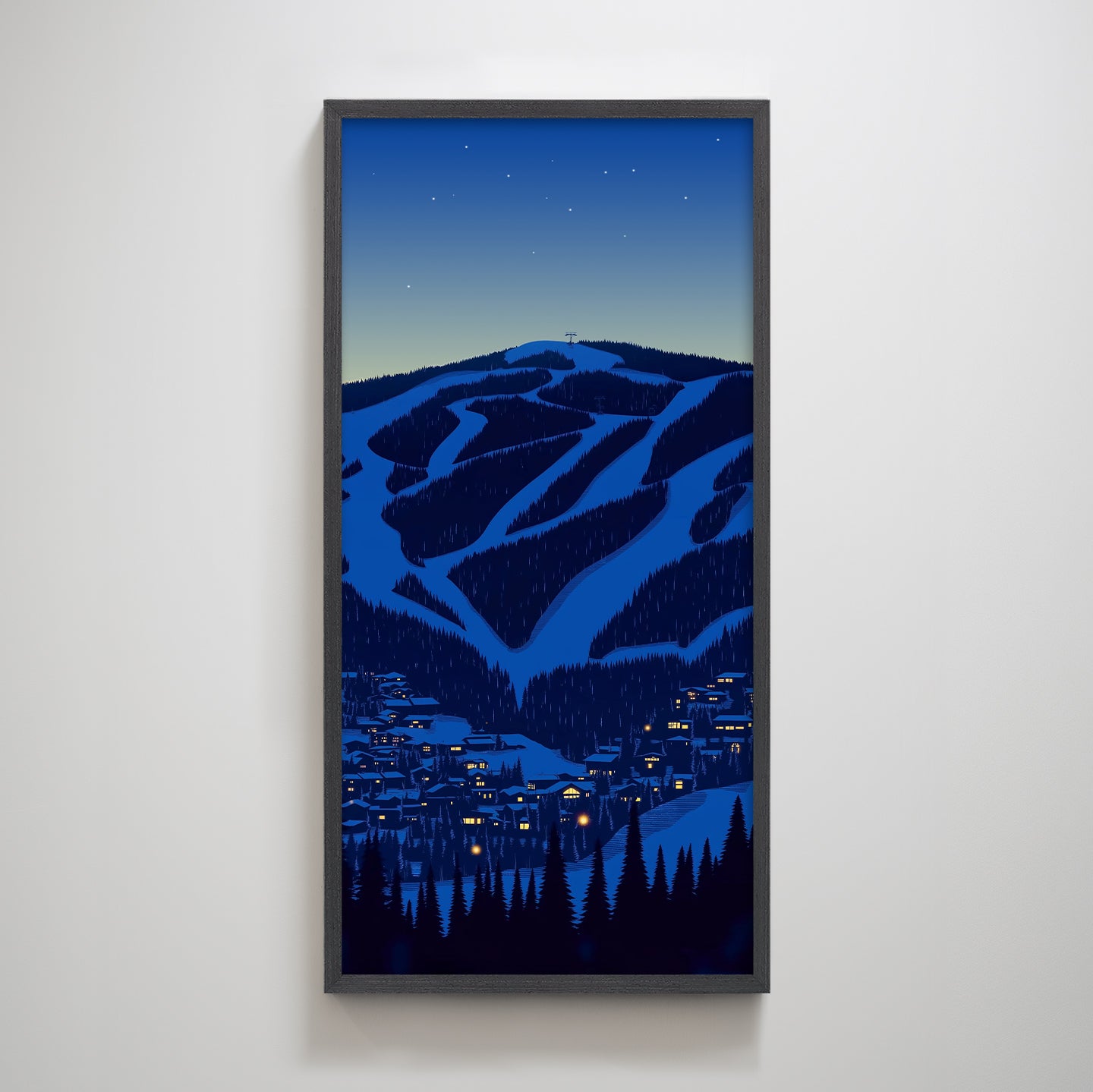 Snow Mountain Village Night Decorative Painting Minimal Texture Print Art Wall Decor