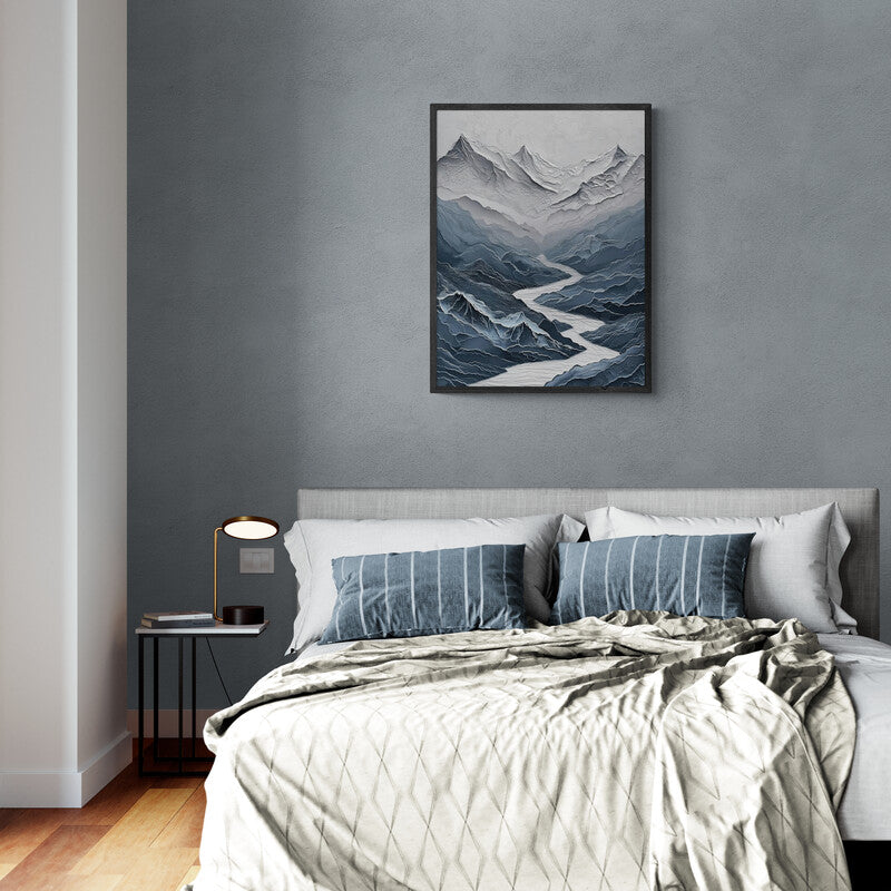 Original Framed Mountain Peak Painting Texture Print Wall Art Blue Mountain Peak Simple Contemporary Home Art Painting