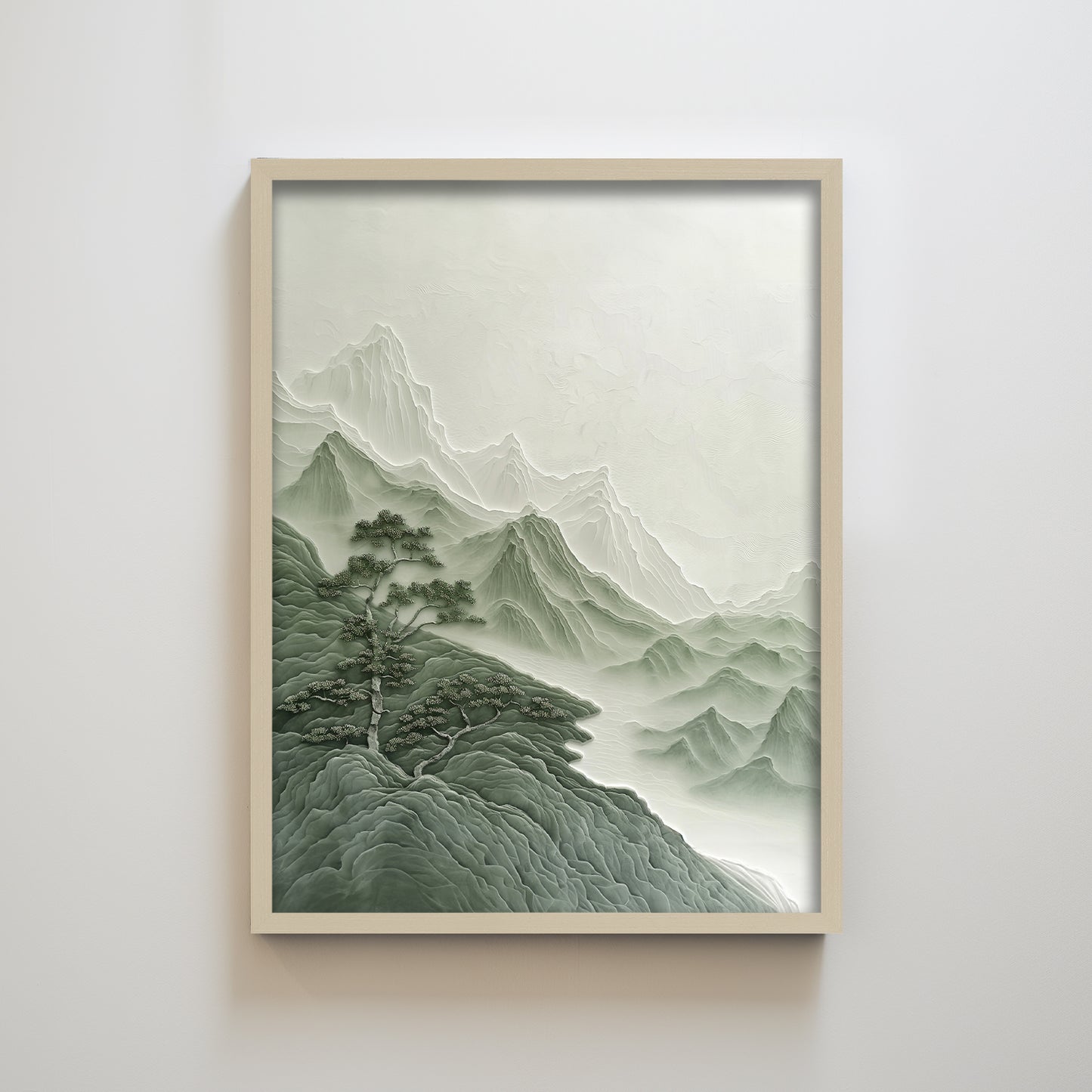 Wabi Sabi Zen Green Mountain Tree Landscape Minimalist Wall Art Decor for Living Room Japanese Style