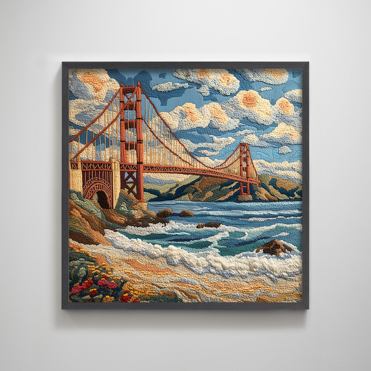 San Francisco Golden Gate Bridge embroidery textured art print punch needle California wall decor