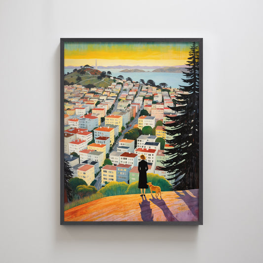 Textured Art Print Nob Hill San Francisco California City View Landscape Wall Decor Woman with her dog Sunny