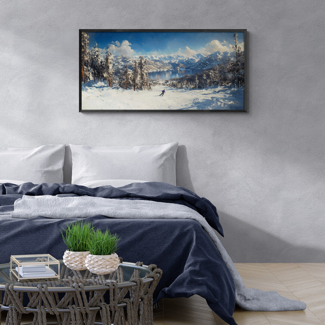 Lake Tahoe Skiing Snow Mountain Textured Art Print Wall Decor Winter Landscape Christmas Thanksgiving