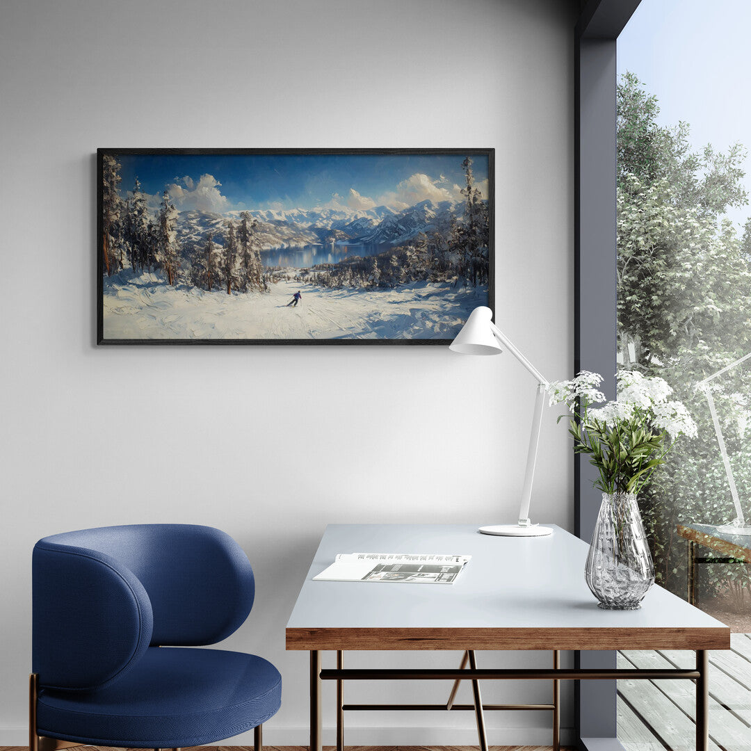 Lake Tahoe Skiing Snow Mountain Textured Art Print Wall Decor Winter Landscape Christmas Thanksgiving
