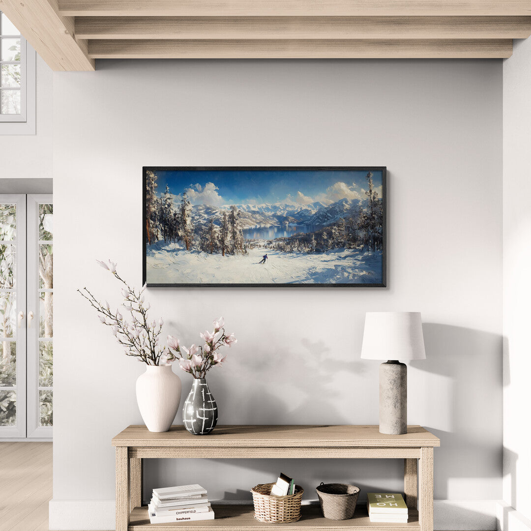 Lake Tahoe Skiing Snow Mountain Textured Art Print Wall Decor Winter Landscape Christmas Thanksgiving