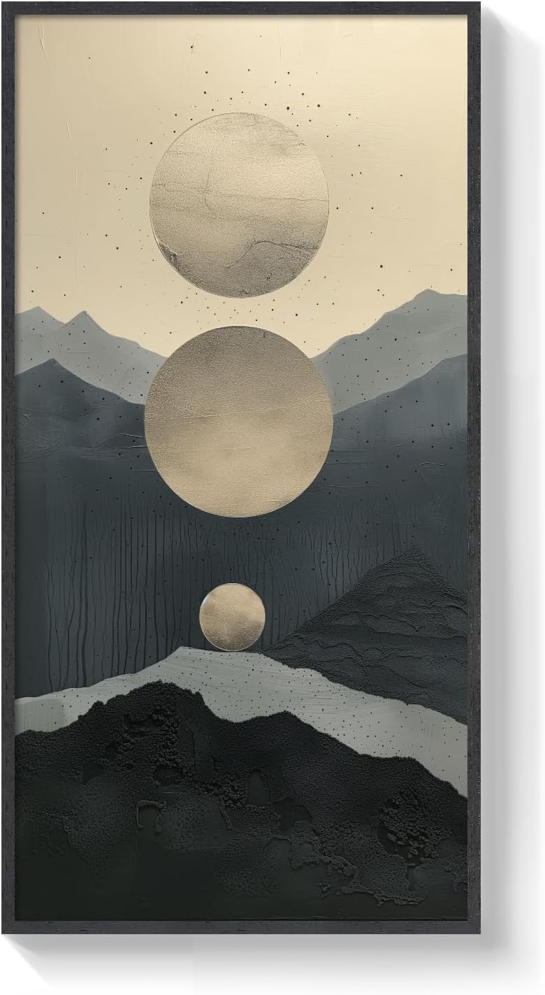 Textued Golden Moon Abstract Minimal Mountain Landscape Hiking Vertical Wall Art