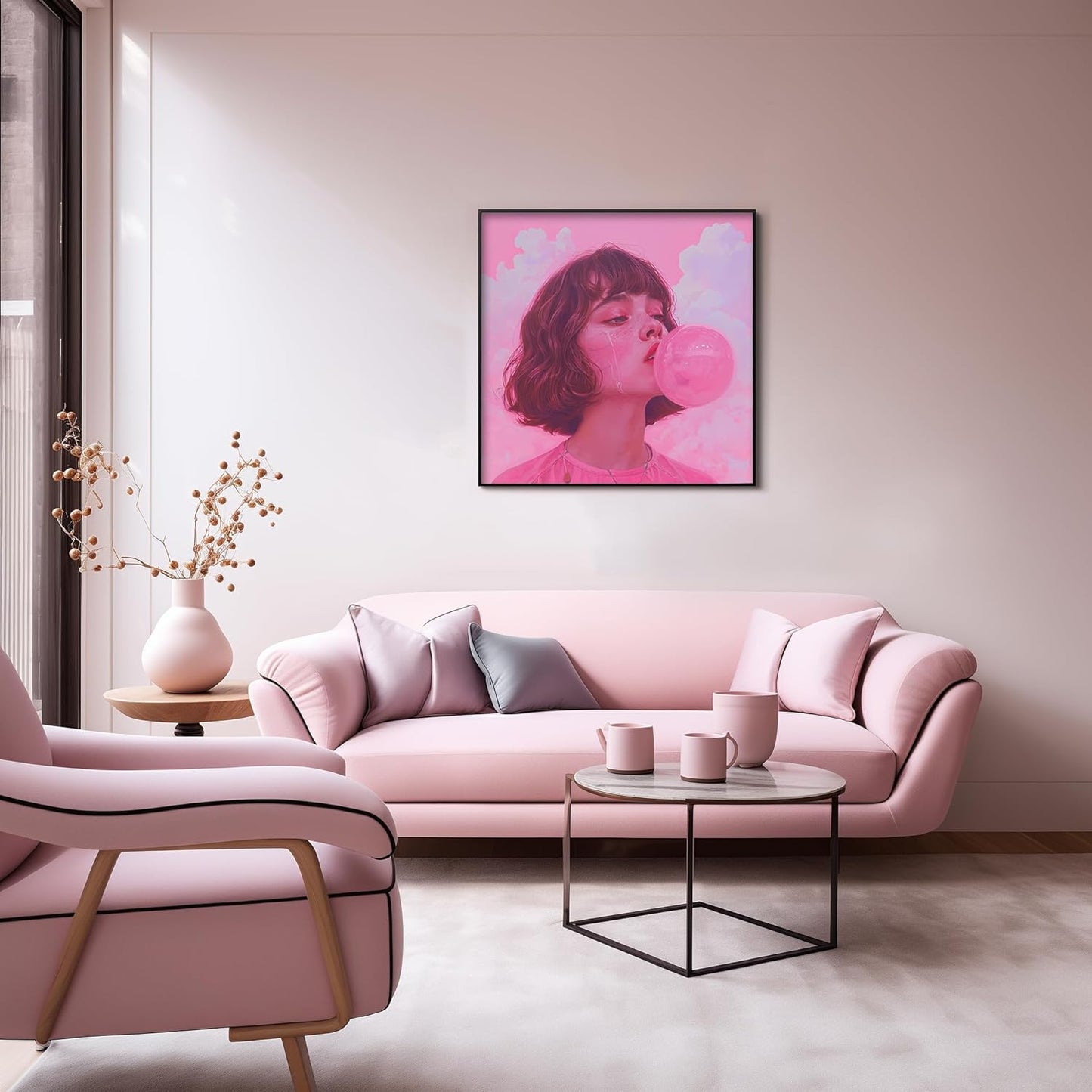 Blowing bubble gum girl texture home decoration painting.