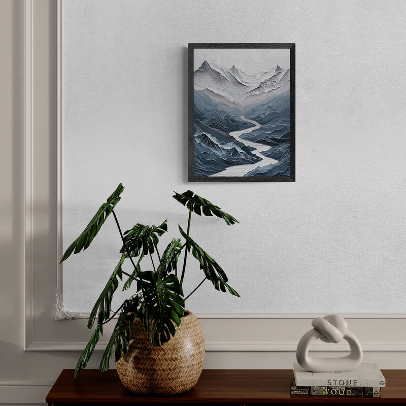 Original Framed Mountain Peak Painting Texture Print Wall Art Blue Mountain Peak Simple Contemporary Home Art Painting