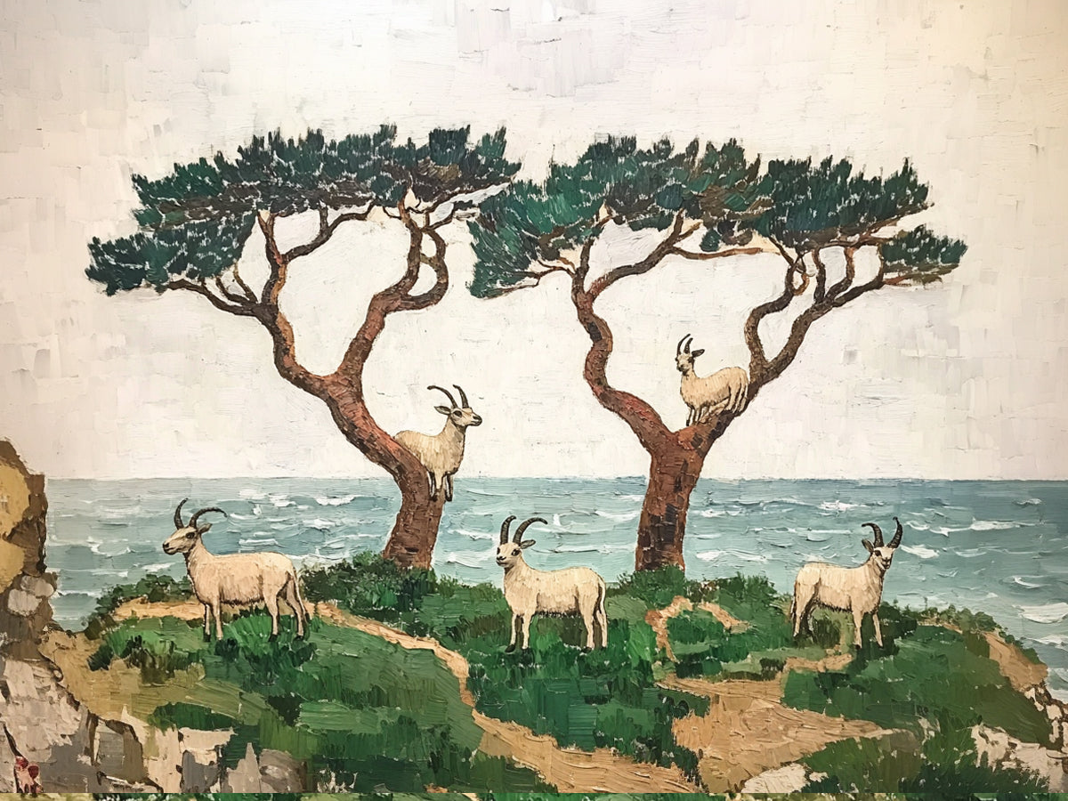 Goats and Trees Landscape Textured Art Print