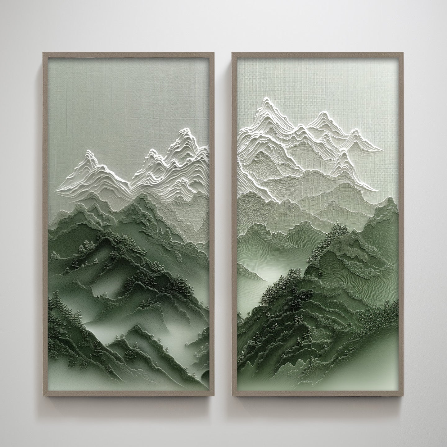 Overcast Green Mountain Pair Textured Vertical Wall Art Print Wall Decoration for Living Room