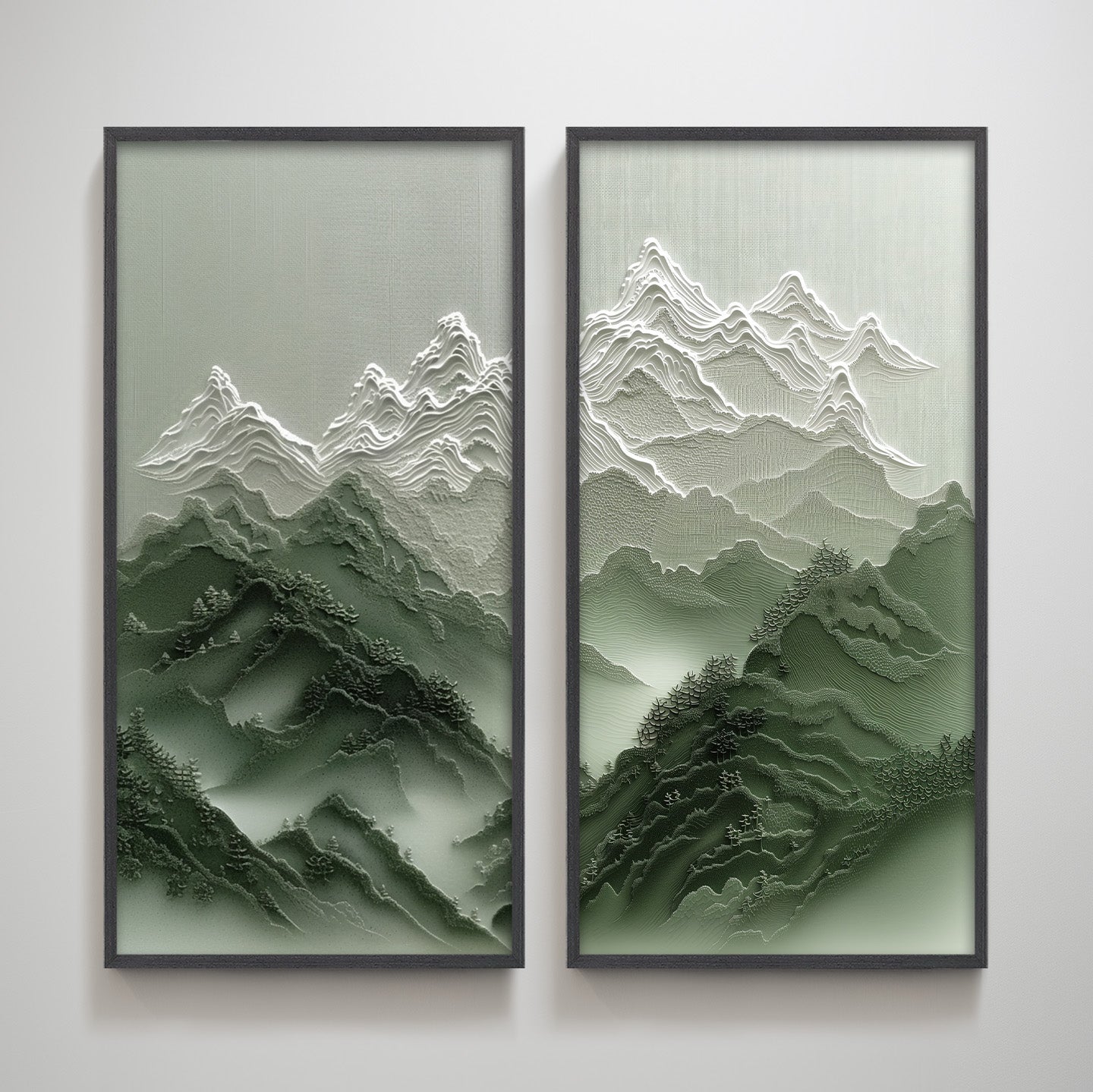 Overcast Green Mountain Pair Textured Vertical Wall Art Print Wall Decoration for Living Room
