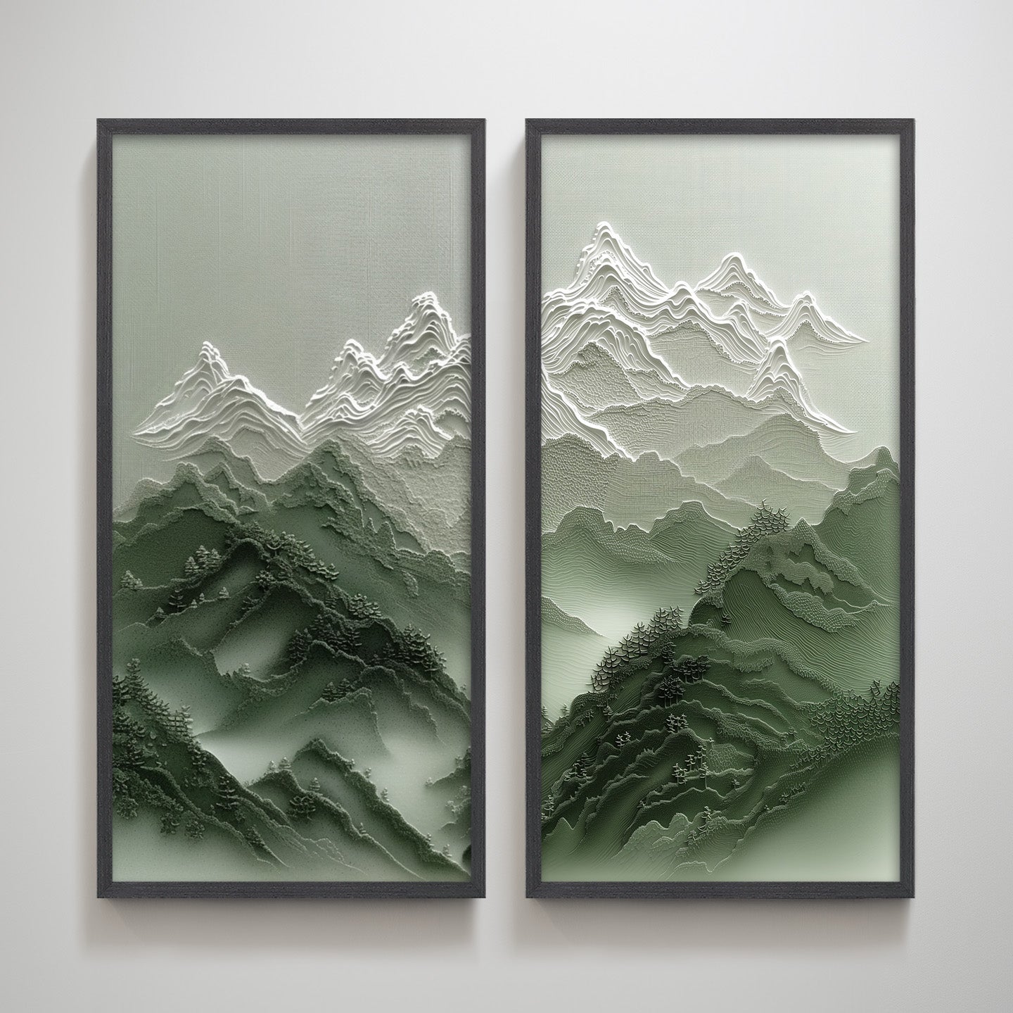 Overcast Green Mountain Pair Textured Vertical Wall Art Print Wall Decoration for Living Room