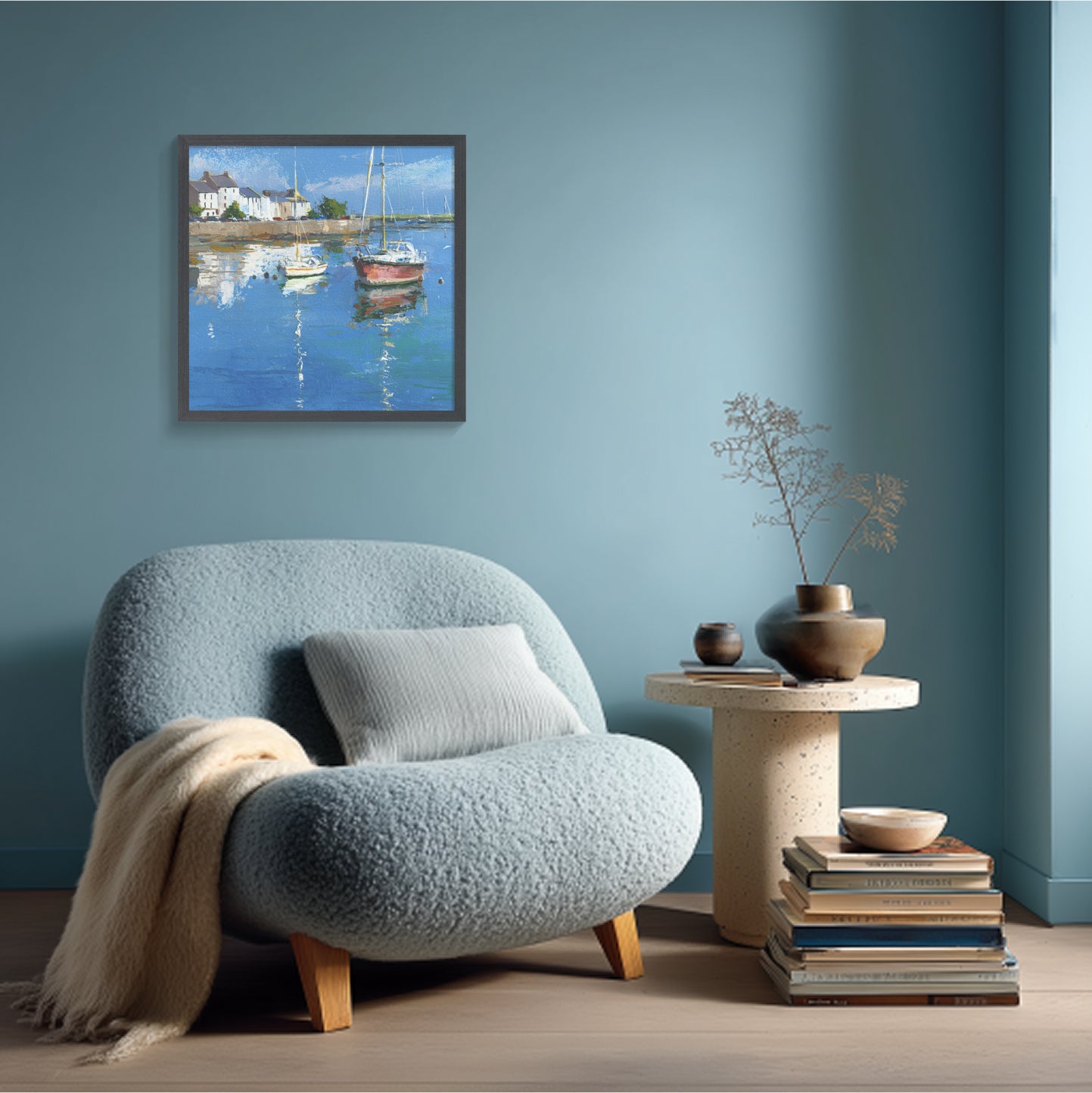 Boats Aside Tiny Village | Coastal Landscape Painting for Nautical Home Decor