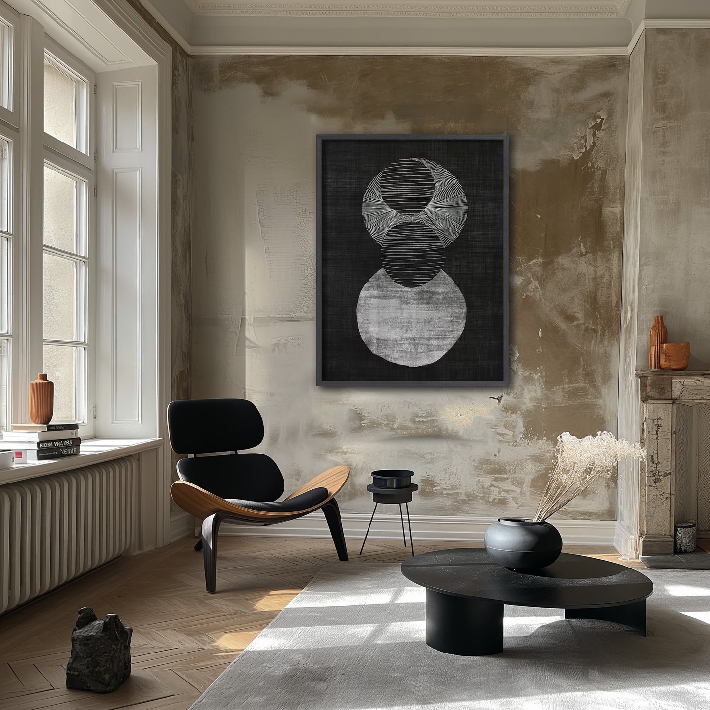 Black Fiber White Embroidery Abstract Circle Minimalist Textured Printing Wall Art