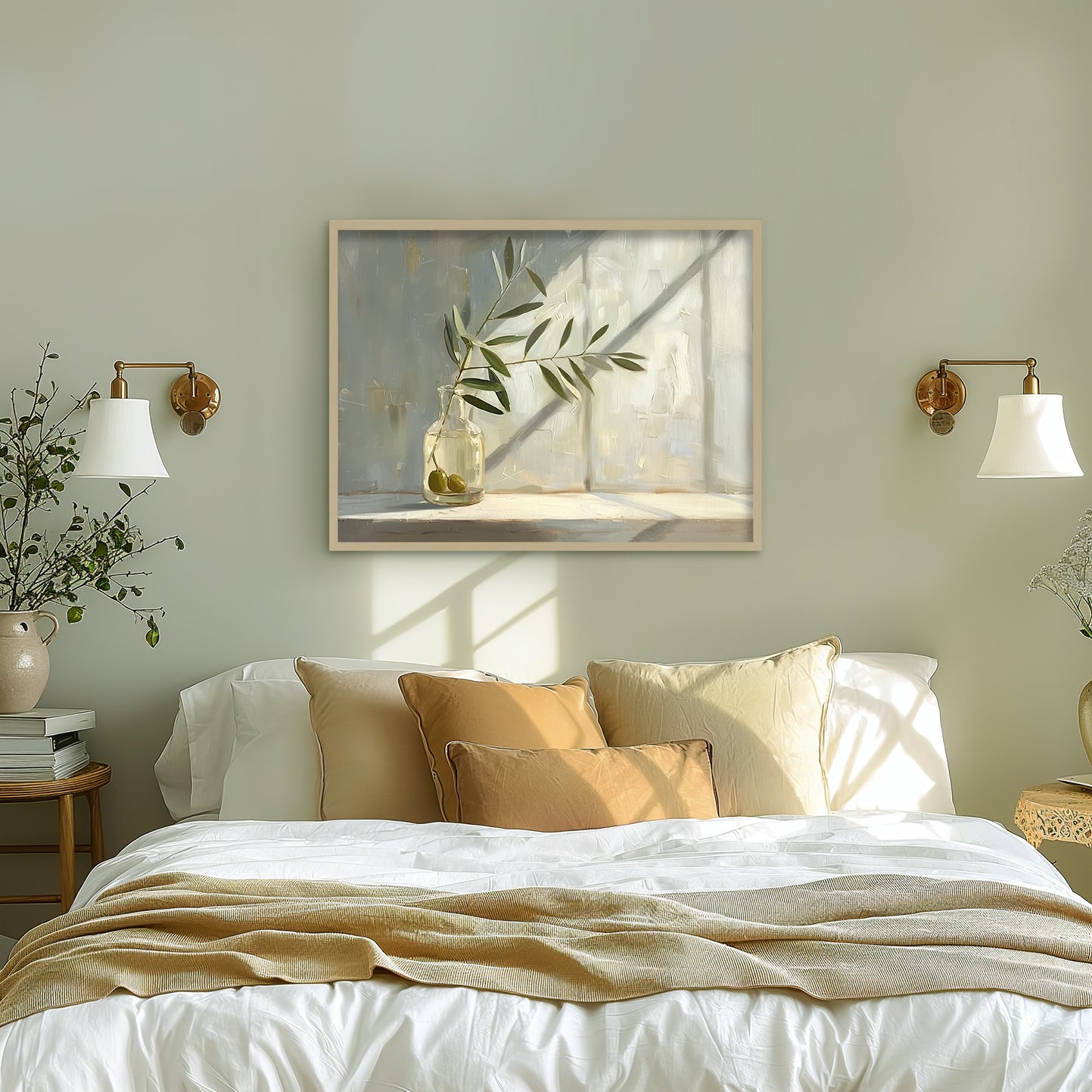 Warm toned olive leaf home decor painting.
