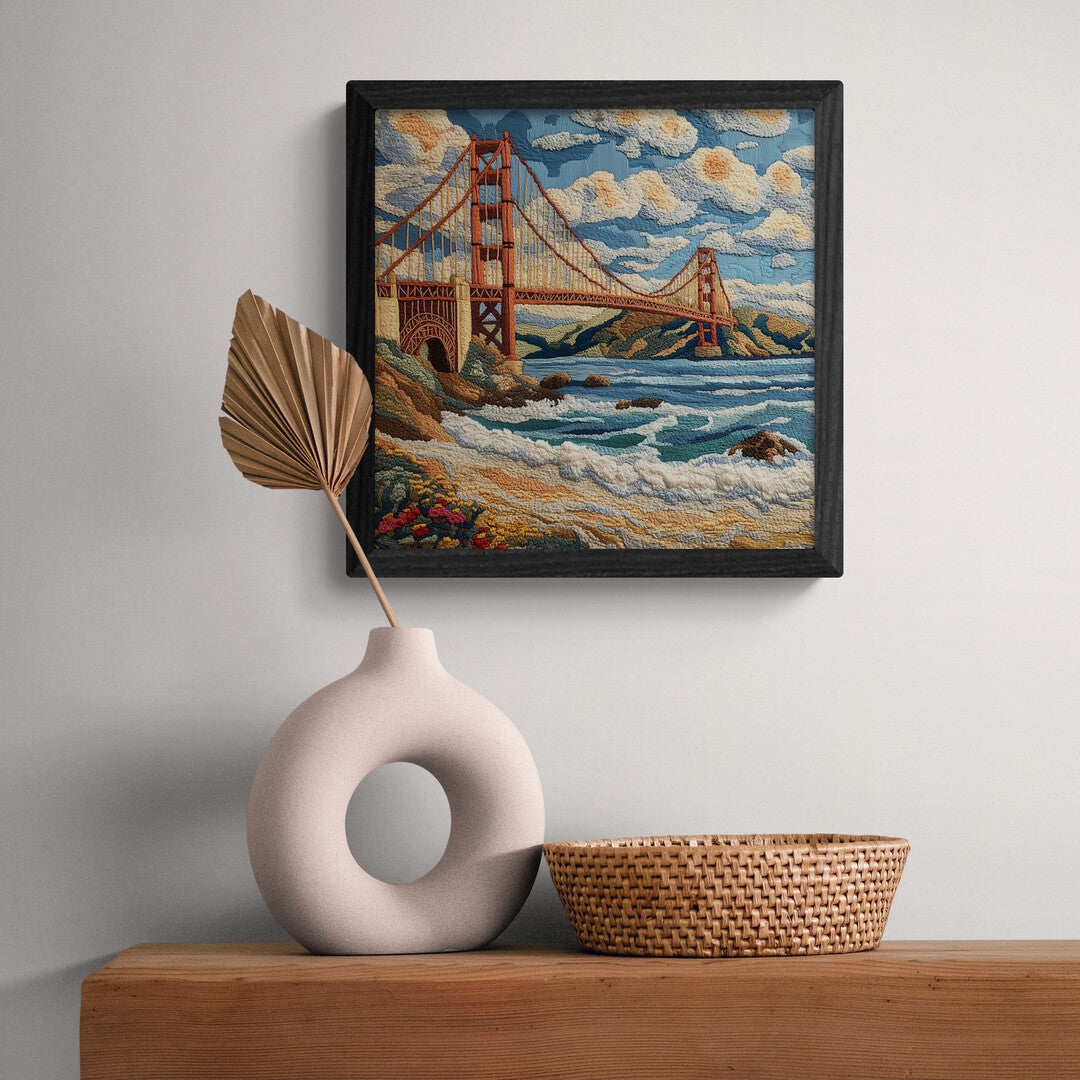 San Francisco Golden Gate Bridge embroidery textured art print punch needle California wall decor