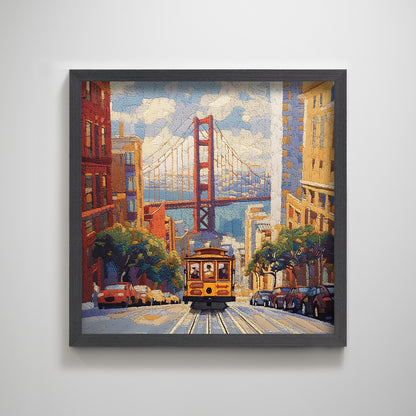 San Francisco Cable Car Golden Gate Bridge embroidery textured art print punch needle California wall decor