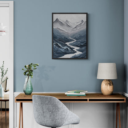 Original Framed Mountain Peak Painting Texture Print Wall Art Blue Mountain Peak Simple Contemporary Home Art Painting