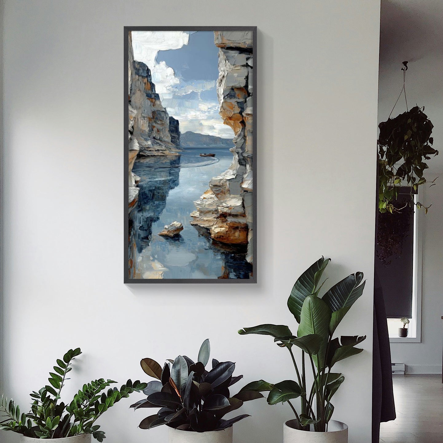 Cliffs and Canoe on Tranquil Waters | Landscape Wall Art for Peaceful Home Decor
