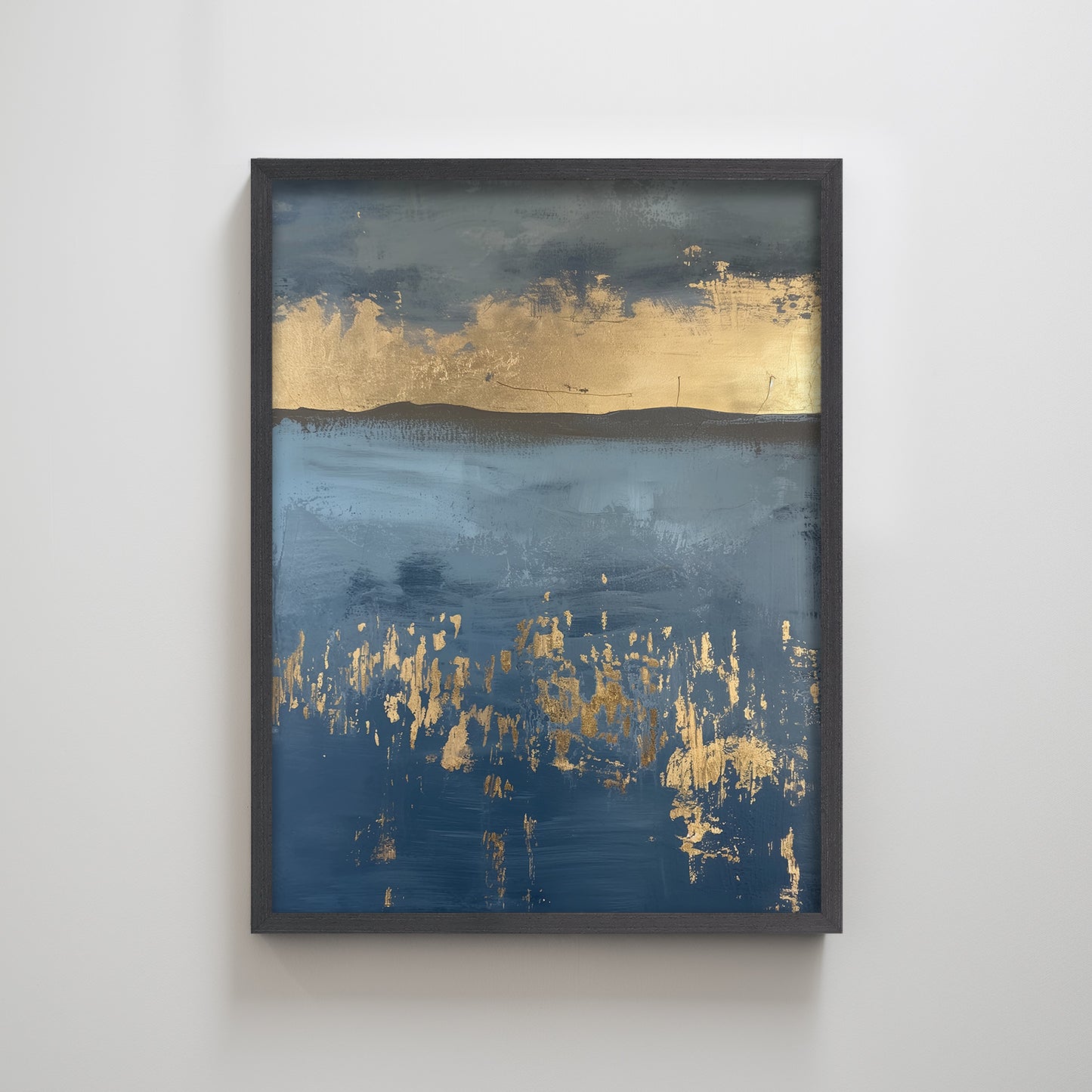 Gold Blue Rain Abstract Textured Art Print Landscape Wall Decor Minimal