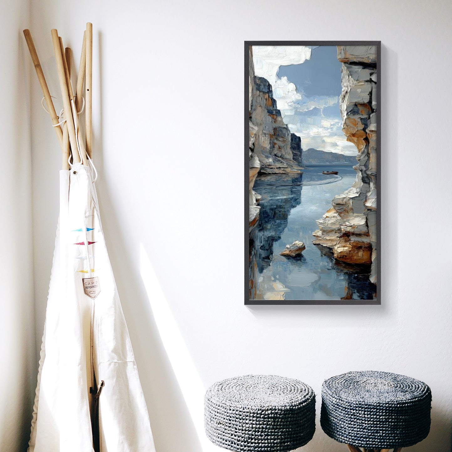 Cliffs and Canoe on Tranquil Waters | Landscape Wall Art for Peaceful Home Decor