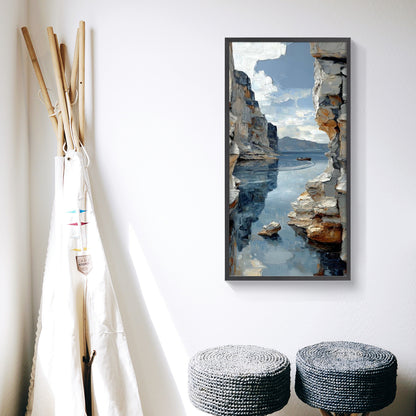 Cliffs and Canoe on Tranquil Waters | Landscape Wall Art for Peaceful Home Decor