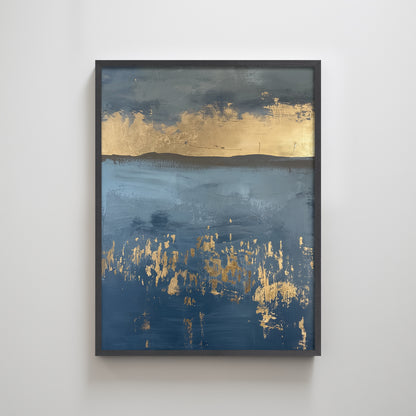 Gold Blue Rain Abstract Textured Art Print Landscape Wall Decor Minimal