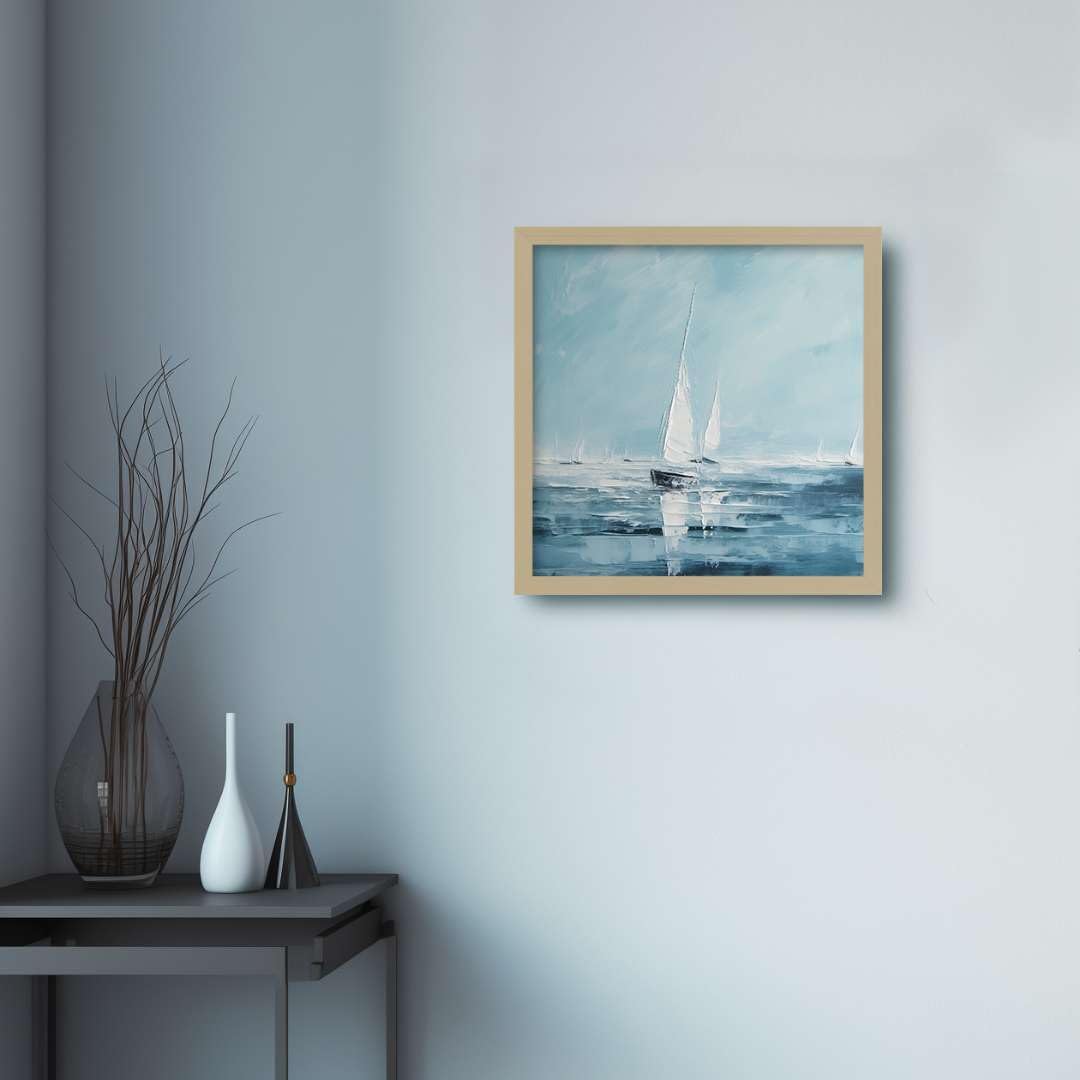 White Boat Sailing Blue Lake Landscape Oil Textured Minimalism Nature Printing Wall Art