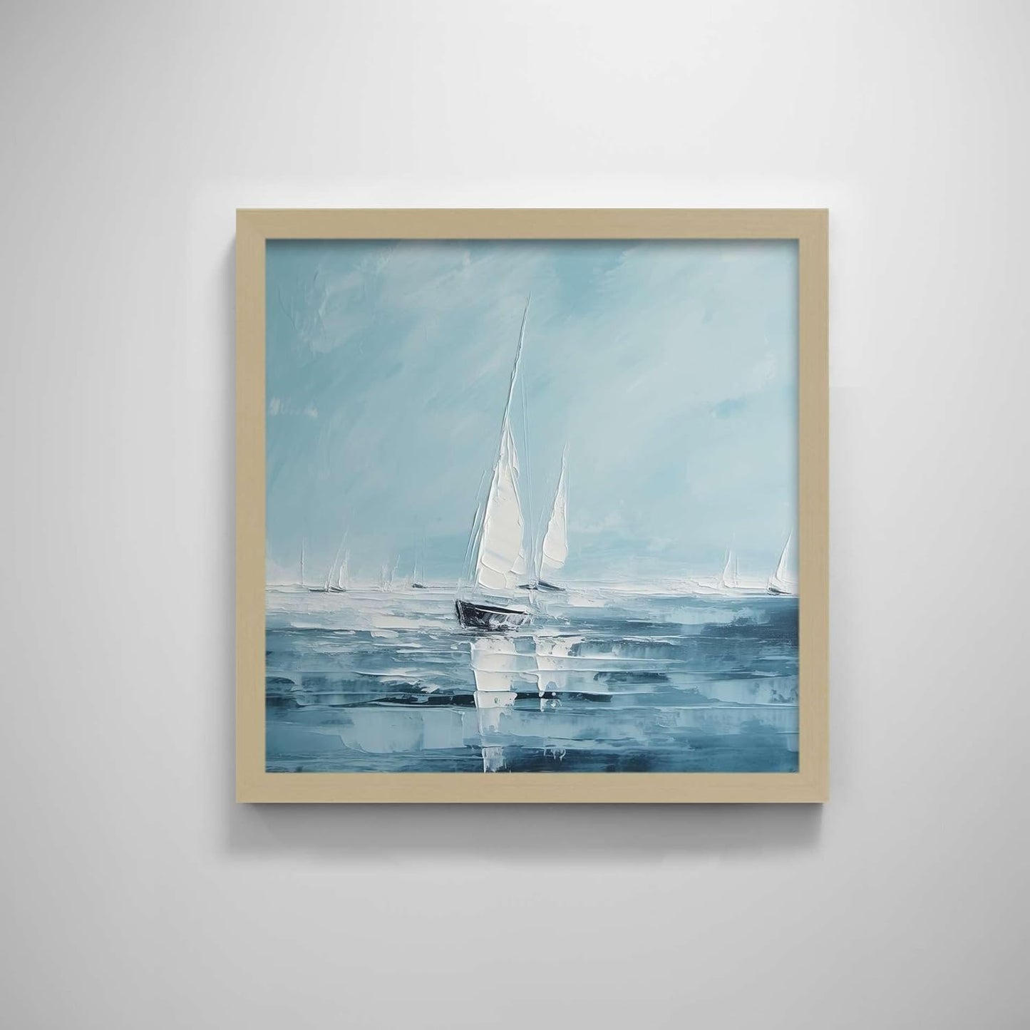 White Boat Sailing Blue Lake Landscape Oil Textured Minimalism Nature Printing Wall Art