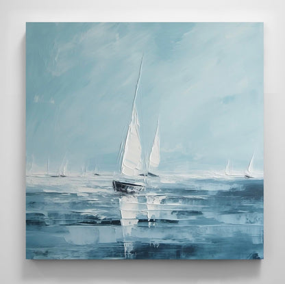 White Boat Sailing Blue Lake Landscape Oil Textured Minimalism Nature Printing Wall Art