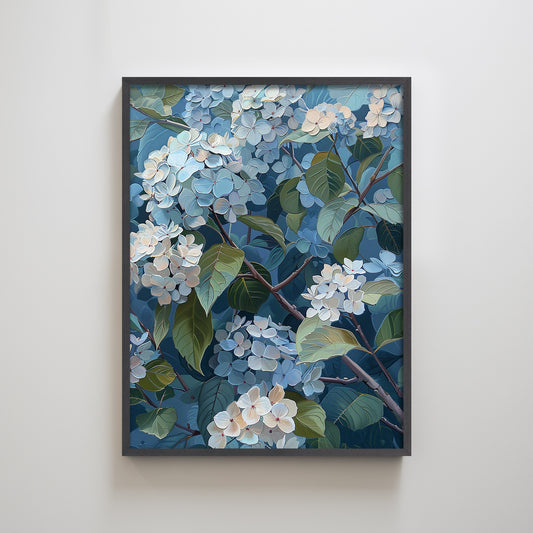 Hydrangea Blue Flowers Leaves Textured Art Print Wall Decor