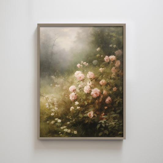 Dreamy Pink Flower Foggy Garden Textured Art Print Wall Decor