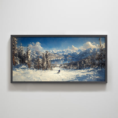 Lake Tahoe Skiing Snow Mountain Textured Art Print Wall Decor Winter Landscape Christmas Thanksgiving