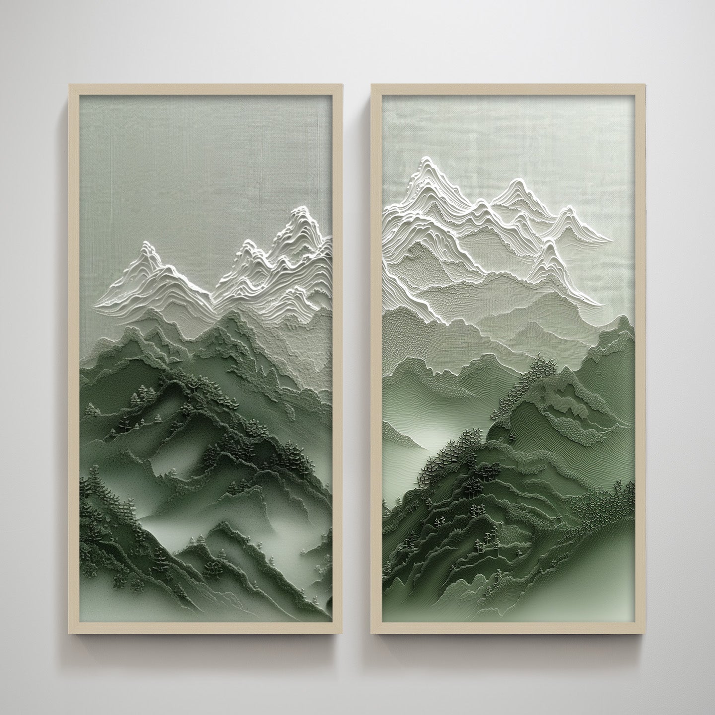 Overcast Textured Green Mountain Pair Textured Art Print