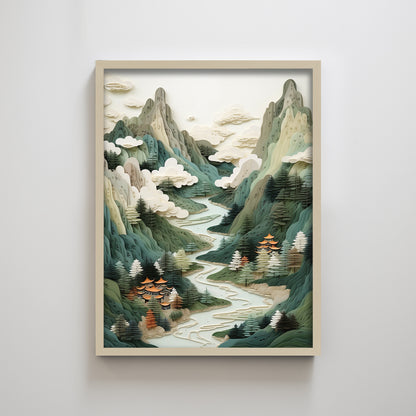 Paper Cut Mountain River Green Landscape Temple Abstract Textured Art Print Wall Decor