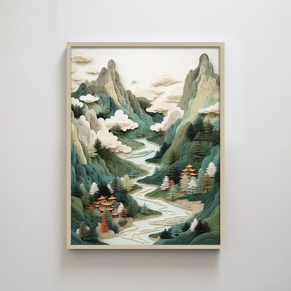 Paper Cut Mountain River Green Landscape Temple Abstract Textured Art Print Wall Decor