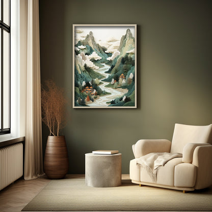 Paper Cut Mountain River Green Landscape Temple Abstract Textured Art Print Wall Decor