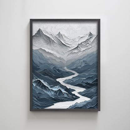 Original Framed Mountain Peak Painting Texture Print Wall Art Blue Mountain Peak Simple Contemporary Home Art Painting