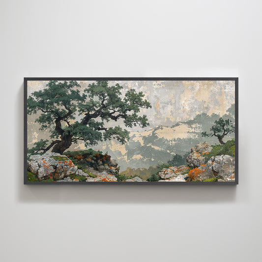 Solitude of the Mountain Tree | Landscape Painting Wall Art for Cabin Decor