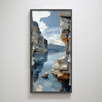 Cliffs and Canoe on Tranquil Waters | Landscape Wall Art for Peaceful Home Decor