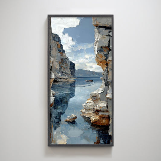 Cliffs and Canoe on Tranquil Waters | Landscape Wall Art for Peaceful Home Decor
