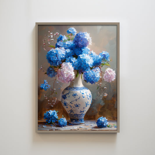 Hydrangea Flowers Blue and White Porcelain Textured Art Wall Decor