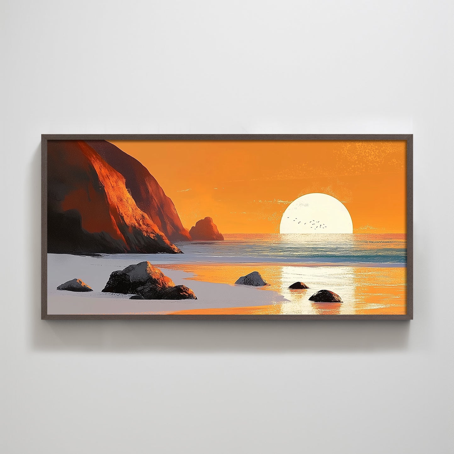 Half Moon Bay Ocean Seascape Beach Sunset Golden Hour Textured Art Print for Living Room Home Decor