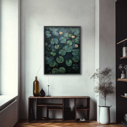 Lotus Pond Green Zen Buddha Textured Art Print Landscape Wall Decor Minimal